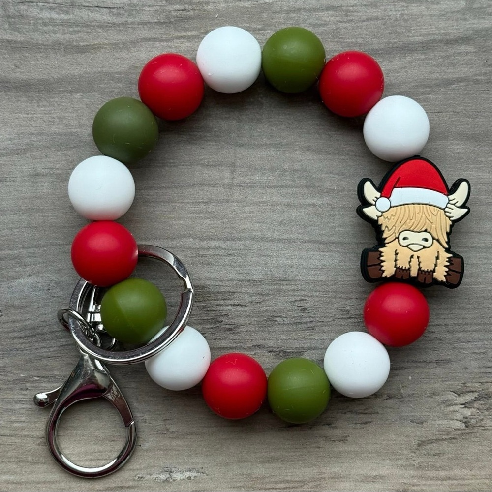 Highland Cow Christmas Handmade Beaded Silicone Wristlet Keychain